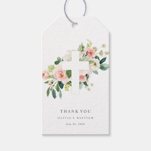 Étiquettes-cadeau Baptême de croix blush Christening Merci Balise ca (Devant)