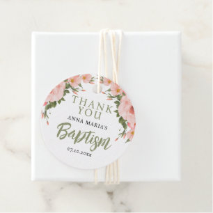Étiquettes Cadeau Baptême de fille verte Merci de fleurs roses