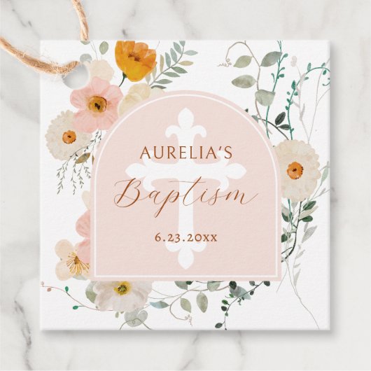 Étiquettes Cadeau Baptême de l'arc fleur sauvage (Devant)