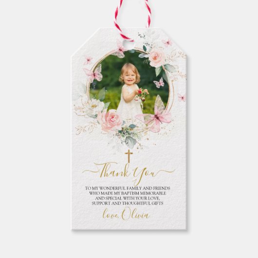 Étiquettes-cadeau Baptême de papillon rose (Devant)