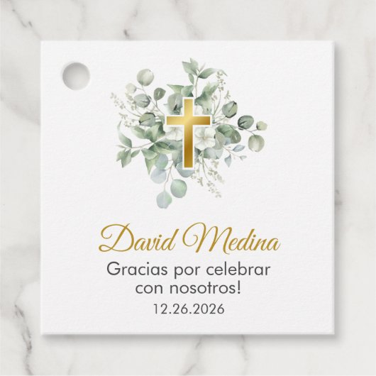 Étiquettes Cadeau Baptême doux et élégant Aquarelle Feuille vert (Devant)