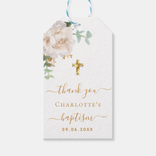 Étiquettes-cadeau Baptême eucalyptus blanc floral merci