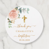 Étiquettes Cadeau Baptême eucalyptus bleu rose floral merci (Devant)