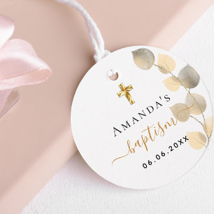 Étiquettes Cadeau Baptême eucalyptus croix blanche dorée