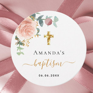 Étiquettes Cadeau Baptême eucalyptus rose florale fille or rose