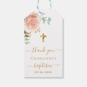 Étiquettes-cadeau Baptême eucalyptus rose rousse fille merci