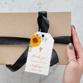 Étiquettes-cadeau Baptême eucalyptus tournesol rustique merci