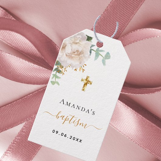 Étiquettes-cadeau Baptême eucalyptus verdure blanc fleuri
