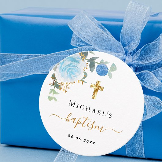 Étiquettes Cadeau Baptême eucalyptus vert bleu garçon fleuri