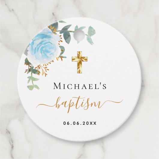Étiquettes Cadeau Baptême eucalyptus vert bleu garçon fleuri (Devant)