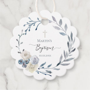 Étiquettes Cadeau Baptême floral bleu poussiéreux couronne Mots clés