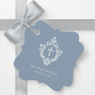 Étiquettes Cadeau Baptême garçon Dusty Blue Croix blanche Crest élég