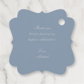 Étiquettes Cadeau Baptême garçon Dusty Blue Silver Cross Crest Vinta (Dos)
