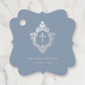 Étiquettes Cadeau Baptême garçon Dusty Blue Silver Cross Crest Vinta (Devant)