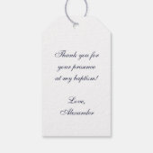 Étiquettes-cadeau Baptême Garçon Marine Bleu Script Faux Arc Argent (Dos)