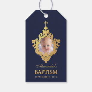 Étiquettes-cadeau Baptême garçon photo bleu marine or faux élégant