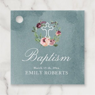 Étiquettes Cadeau baptême marsala fleuri monogramme océanique