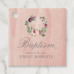 Étiquettes Cadeau baptême marsala fleuri rose pâle monogramme