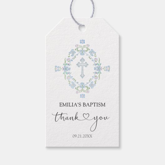 Étiquettes-cadeau Baptême Merci de la couronne fleurie (Devant)