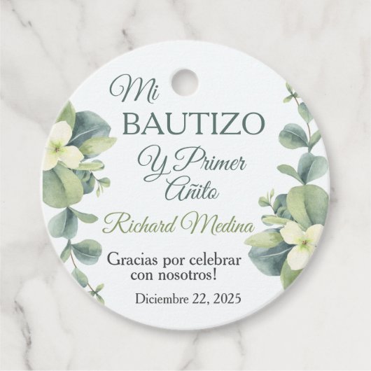 Étiquettes Cadeau Baptême mignon et premiers Feuilles verts d'annive (Devant)