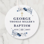 Étiquettes Cadeau Baptême Moderne Botanique Bleu Marine (Devant)