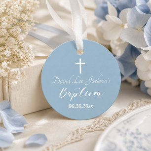 Étiquettes Cadeau Baptême Moderne Christening Croix Blanche Bleu Pou