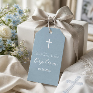 Étiquettes-cadeau Baptême Moderne Christening Croix Blanche Bleu Pou