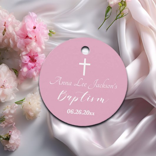 Étiquettes Cadeau Baptême moderne Christening Croix Blanche Rose Dus