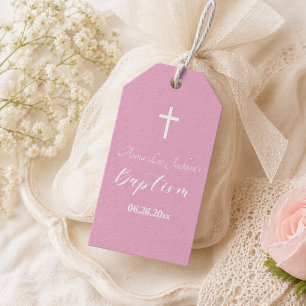 Étiquettes-cadeau Baptême Moderne Christening Croix Blanche Rose Pou