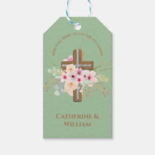 Étiquettes-cadeau Baptême personnalisé et croix florale