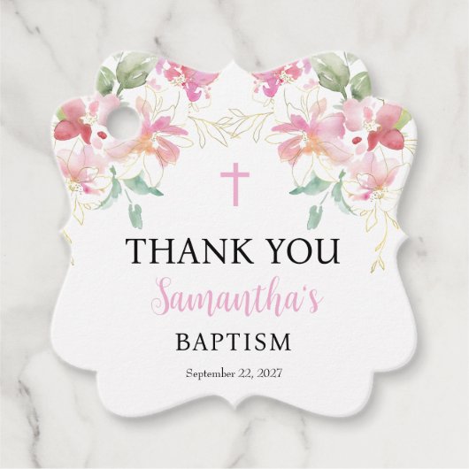 Étiquettes Cadeau Baptême rose florale fille Favoriser (Devant)