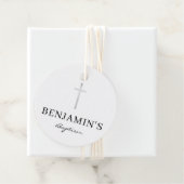 Étiquettes Cadeau BAPTISM MERCI moderne argent croix noir blanc (En situation)