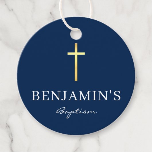 Étiquettes Cadeau BAPTISM MERCI moderne croix or moderne garçon mari (Devant)