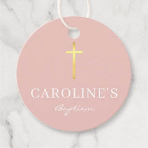 Étiquettes Cadeau BAPTISM MERCI or moderne croix fille rose mignonne