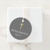 Étiquettes Cadeau BAPTISM MERCI or moderne croix garçon gris (En situation)