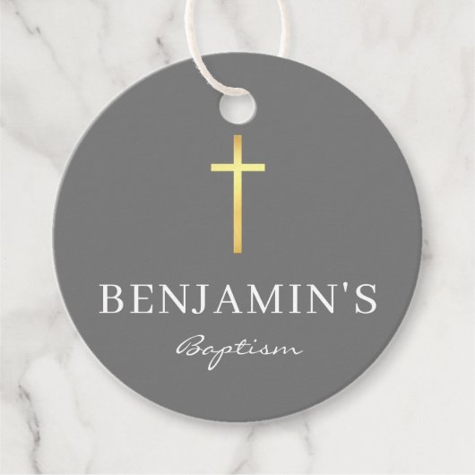Étiquettes Cadeau BAPTISM MERCI or moderne croix garçon gris (Devant)