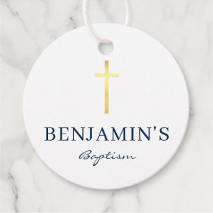 Étiquettes Cadeau BAPTISM MERCI or moderne croix marine blanc