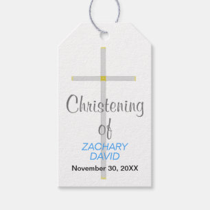 Étiquettes-cadeau Baptiste de nom Croix d'argent bleu