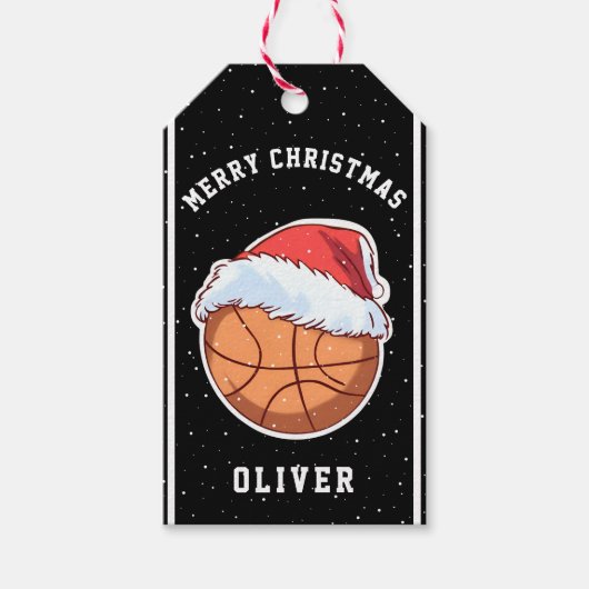 Étiquettes-cadeau Basket Ball Santa Chapeau Nom Joyeux Noël (Devant)