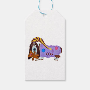 Étiquettes-cadeau Basset Hound en pyjama avec un ours en peluche