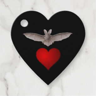 Étiquettes Cadeau Batty Bat love Gray Bat avec Red Heart sur Black