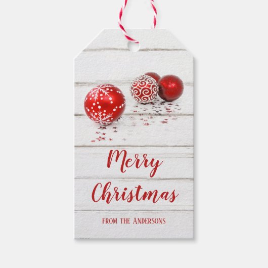 Étiquettes-cadeau Baubles rouges classiques et étoiles Joyeux Noël (Devant)