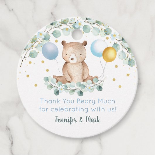 Étiquettes Cadeau Bear Greenery Gold Blue Baby shower Merci (Devant)
