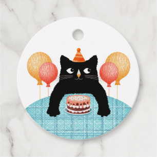 Étiquettes Cadeau Beau chat noir et gâteau d'anniversaire Favoriser
