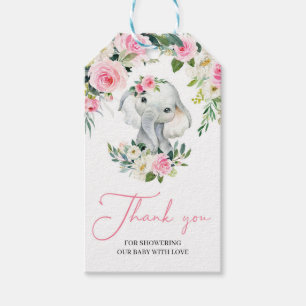Étiquettes-cadeau Beau éléphant rose verdure fleurie