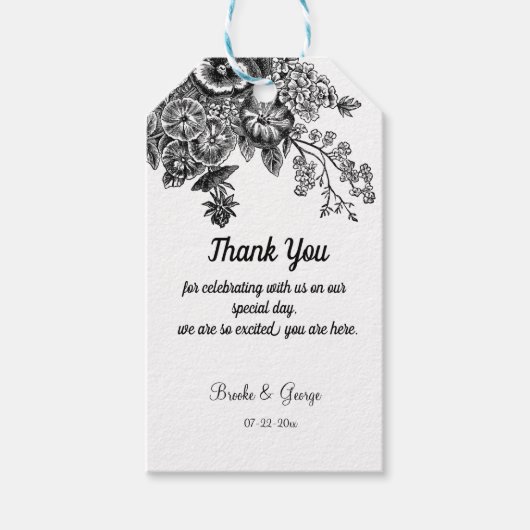 Étiquettes-cadeau Beau Mariage de Fleurs Noir & Gris (Devant)