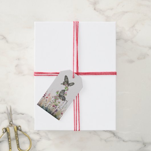 Étiquettes-cadeau Beau Papillon Rose Ceylan Peint à la main (Avec de la ficelle)