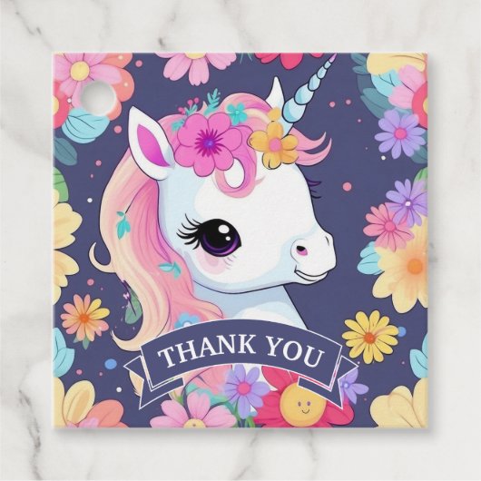 Étiquettes Cadeau Bébé blanc adorable licorne avec fleurs (Devant)