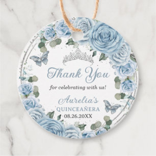 Étiquettes Cadeau Bébé Bleu Floral Papillons Argent Princesse Tiara