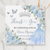 Étiquettes Cadeau Bébé Bleu Floral Princesse Robe Argent Quinceañera (Dos)